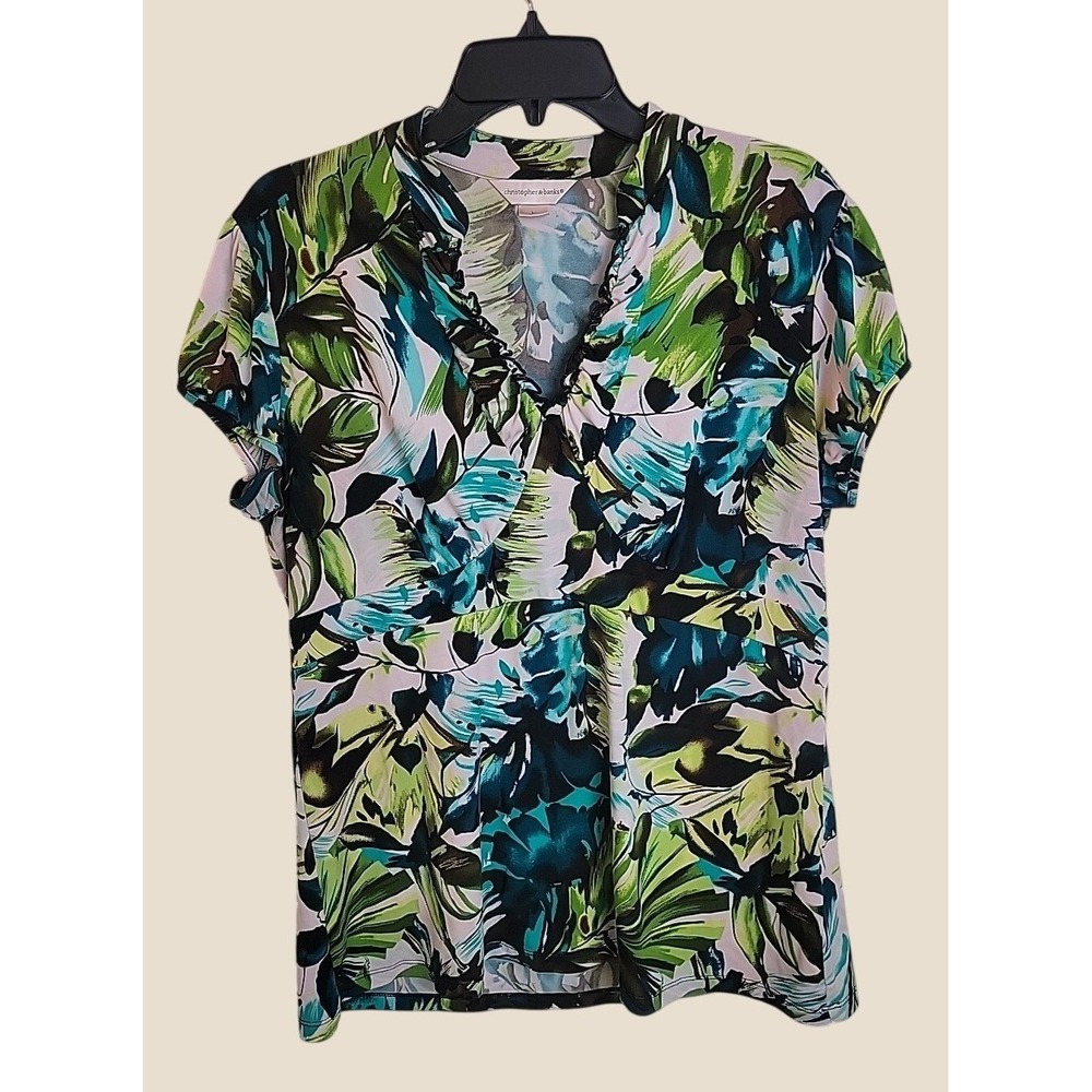 Christopher Banks Top Tropical Floral Ruffle V-Neck Shirt Green Blue Large Long